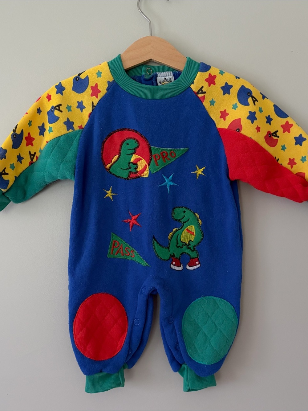 VTG Blue Dino Patchwork Baby Footie One-Piece